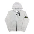 Stone Island zip hoodie, light gray marl with black zipper and hood drawstrings.