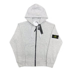 Stone Island zip hoodie, light gray marl with black zipper and hood drawstrings.