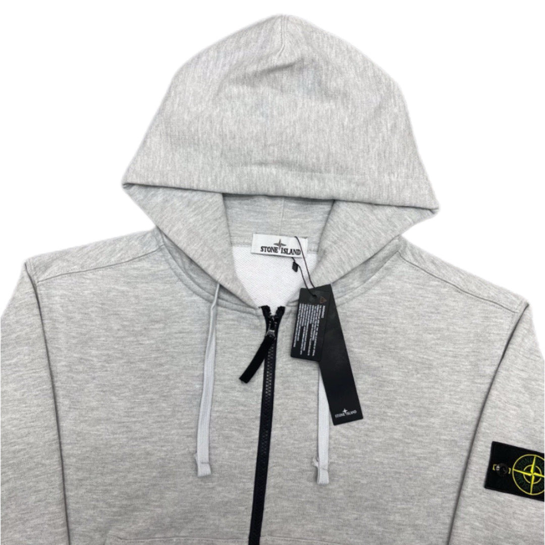 Stone Island zip hoodie, light gray marl with hood, white drawstrings, and black center zip.