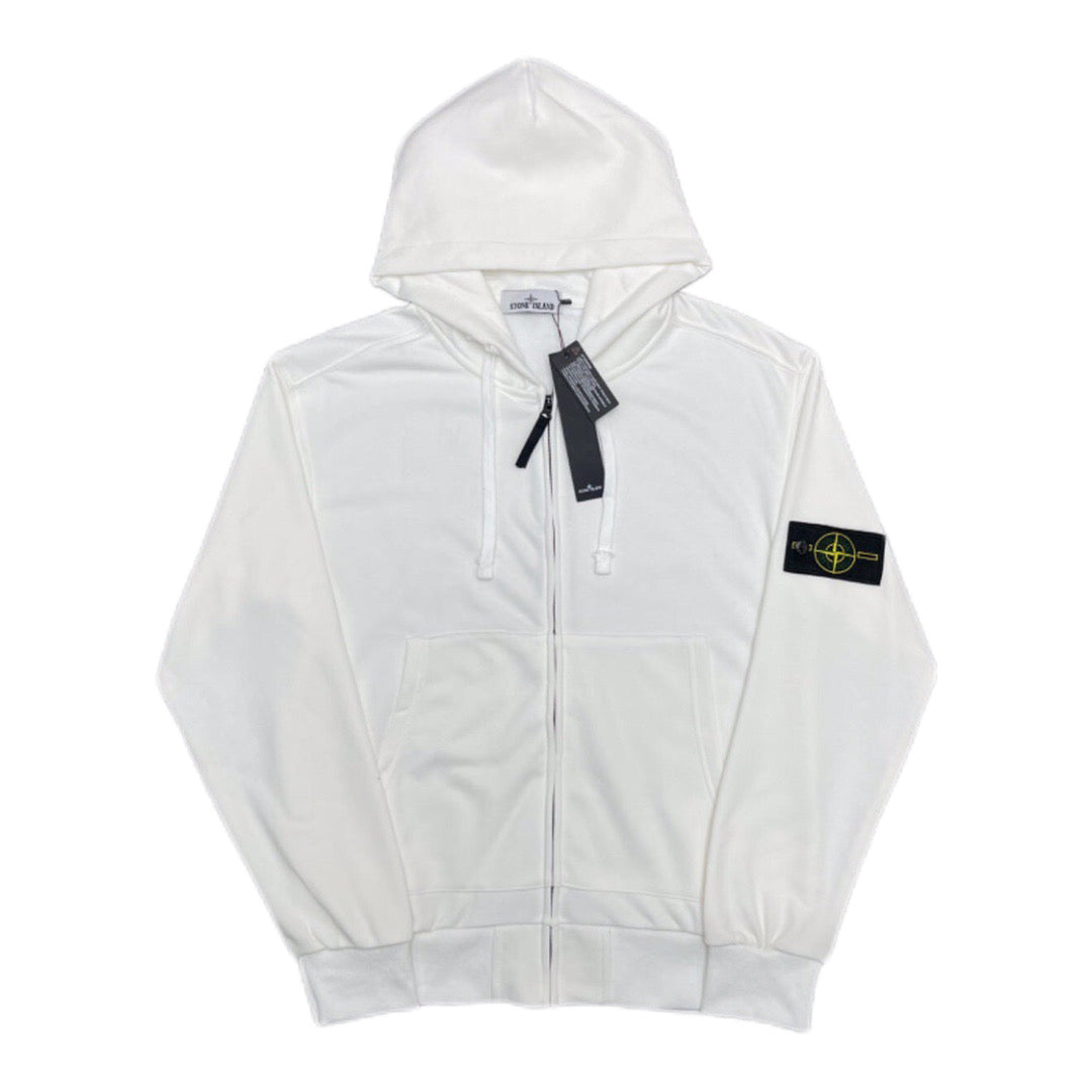 White Stone Island hooded zip jacket with logo patch on sleeve