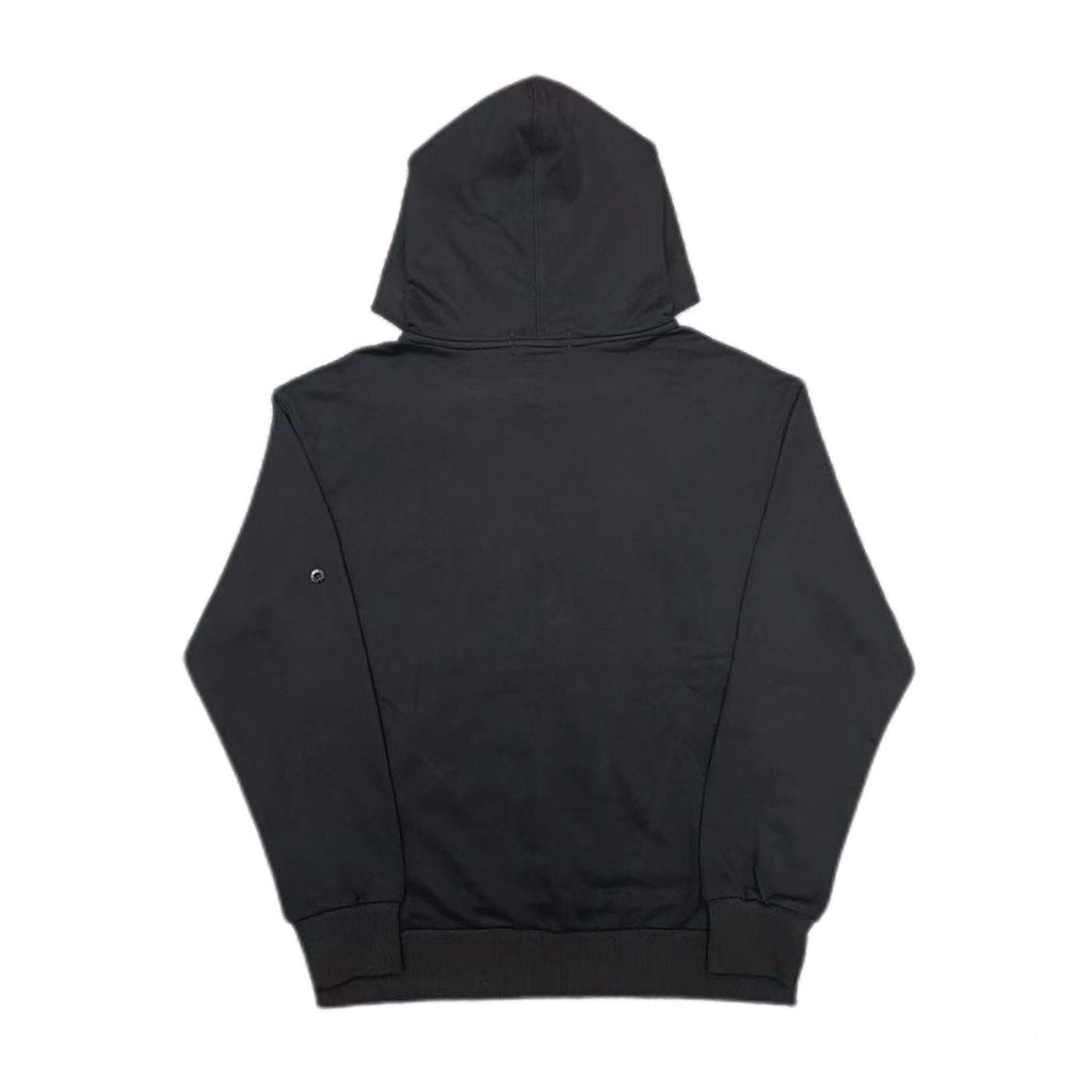 Dark hooded sweatshirt, rear view, fixed hood and full-length sleeves