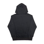 Dark hooded sweatshirt, rear view, fixed hood and full-length sleeves