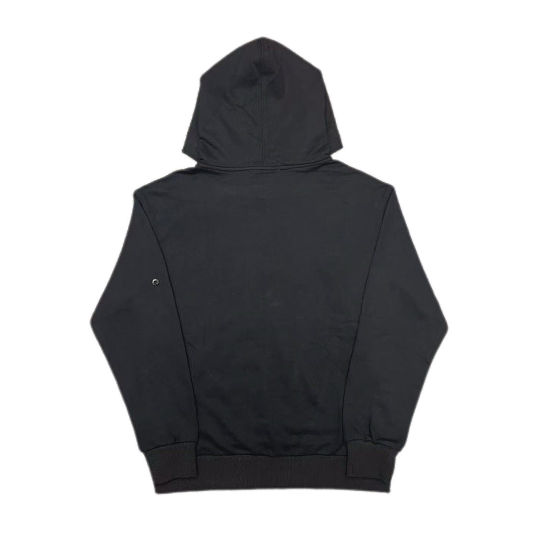 Dark hooded sweatshirt, rear view, fixed hood and full-length sleeves