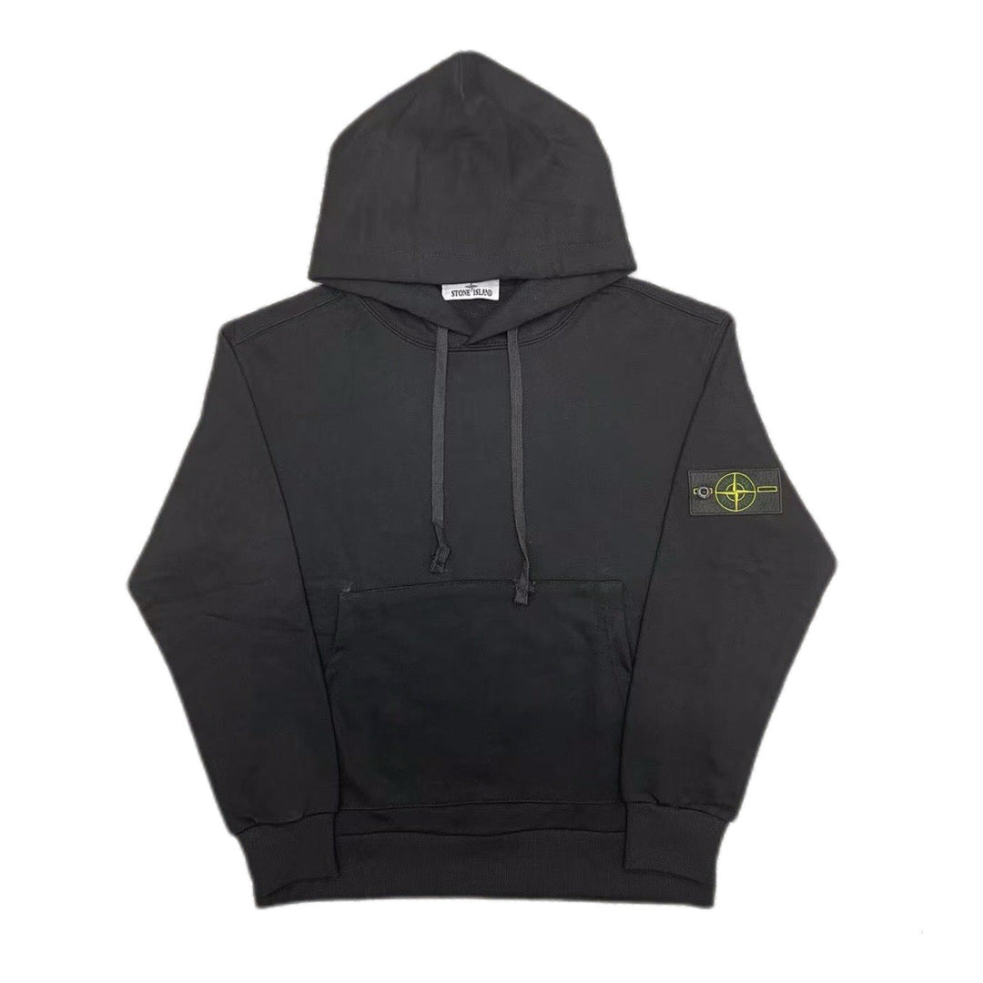 Stone Island dark hooded sweatshirt with front pouch pocket and drawstring hood