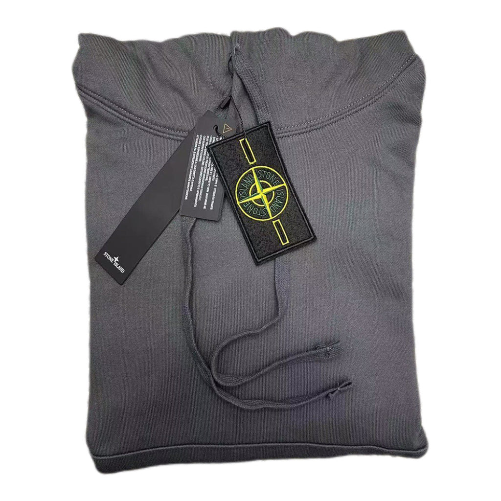 Gray pullover hoodie with kangaroo pocket and hood drawstrings