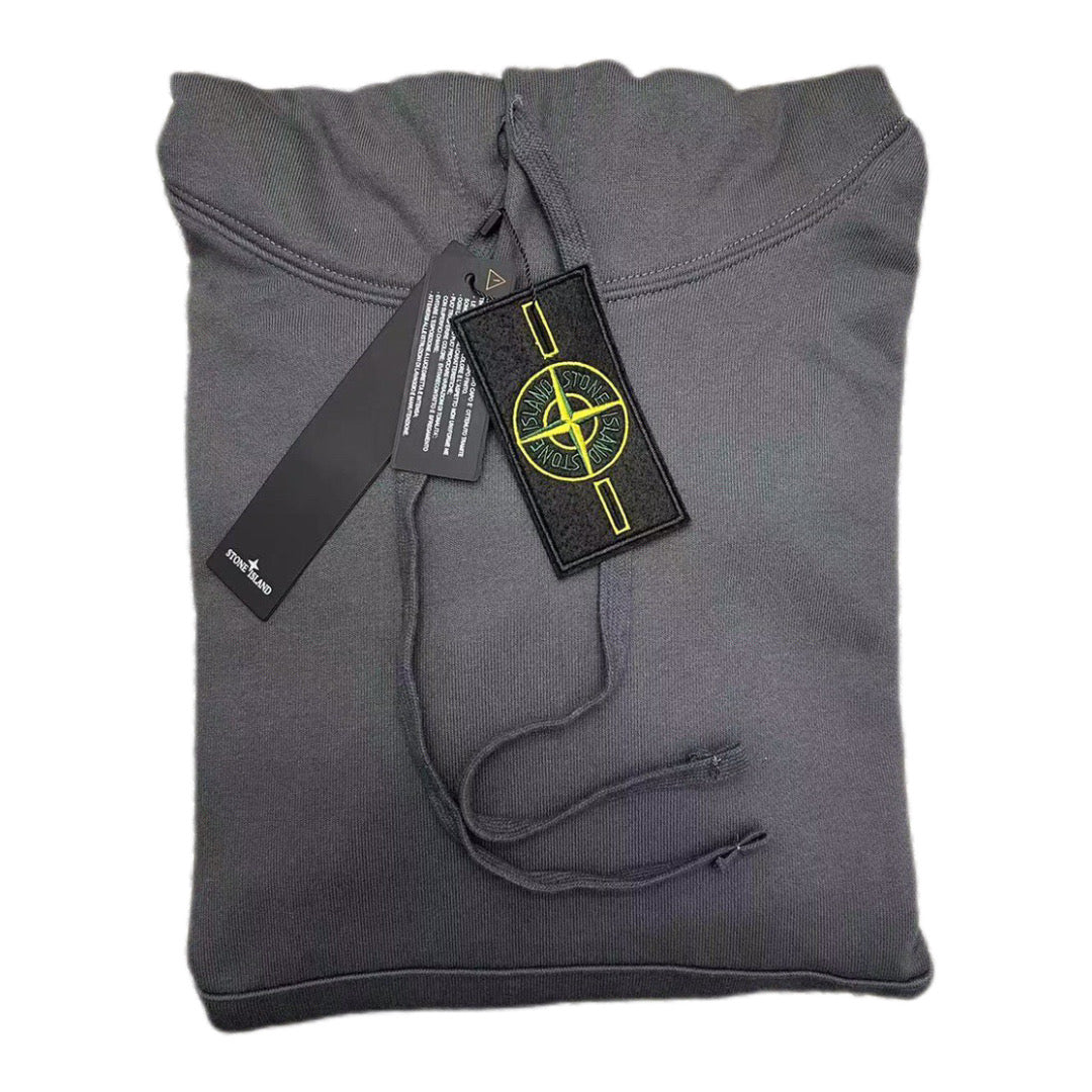 Gray pullover hoodie with kangaroo pocket and hood drawstrings