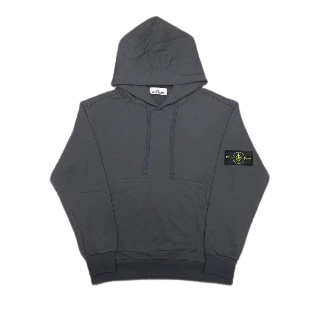 Stone Island charcoal pullover hoodie with kangaroo pocket and hood drawstrings