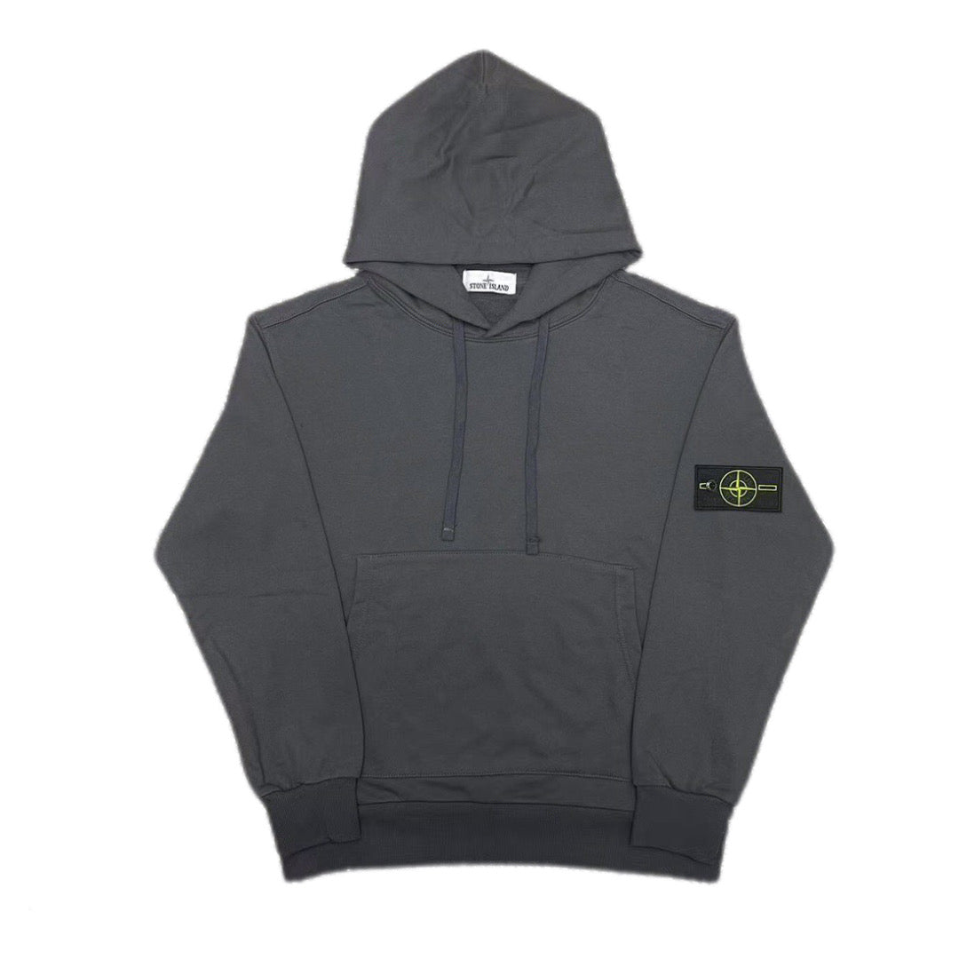 Stone Island charcoal pullover hoodie with kangaroo pocket and hood drawstrings