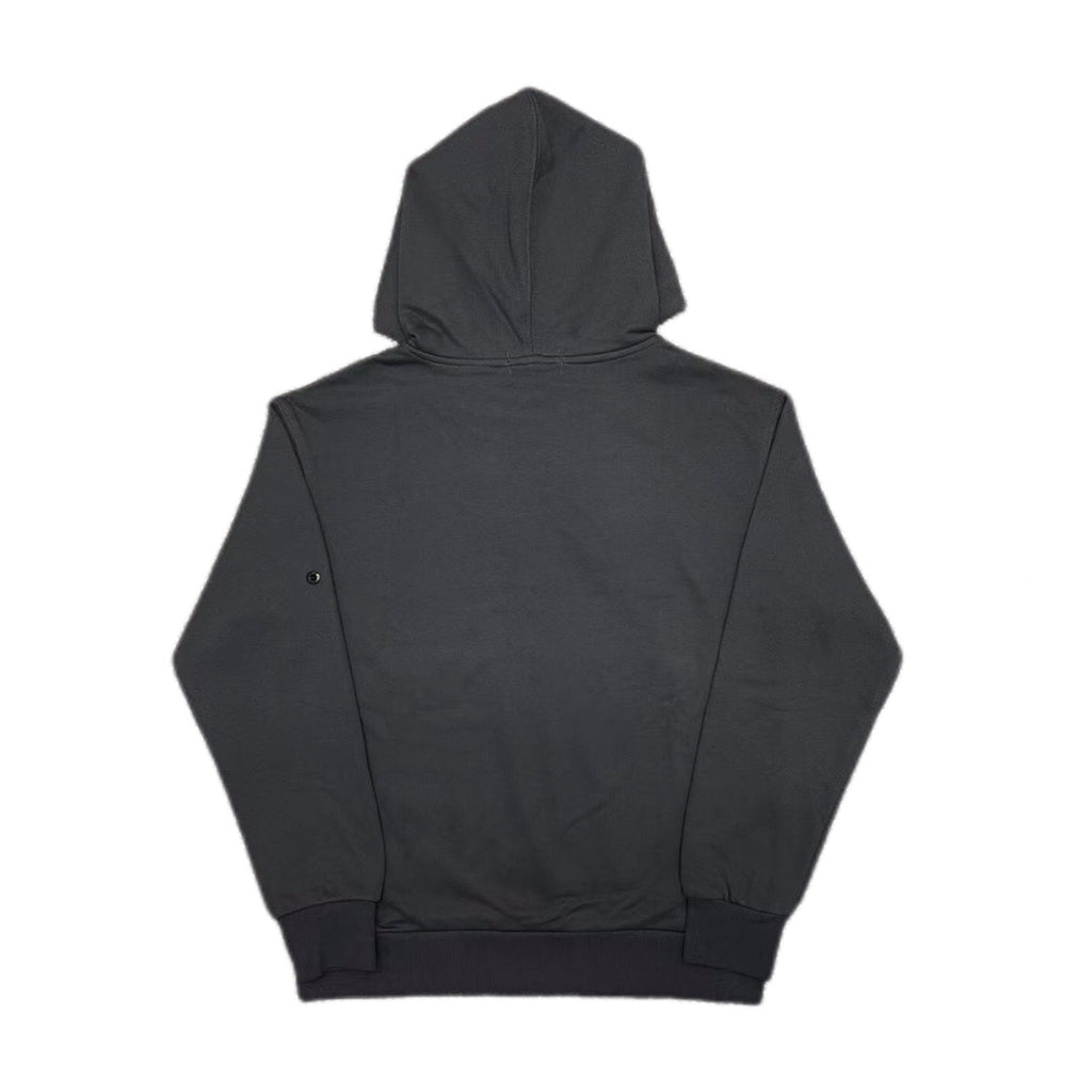 Charcoal pullover hoodie, back view, with hood and drawstrings