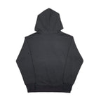 Charcoal pullover hoodie, back view, with hood and drawstrings