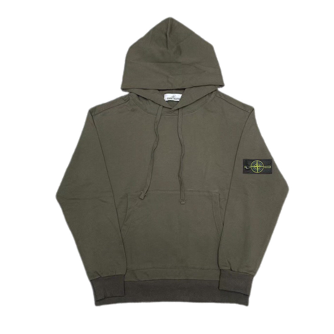 Stone Island olive pullover hoodie with front kangaroo pocket and drawstring hood