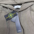 Stone Island olive hoodie close-up of hood and drawstrings with label tags