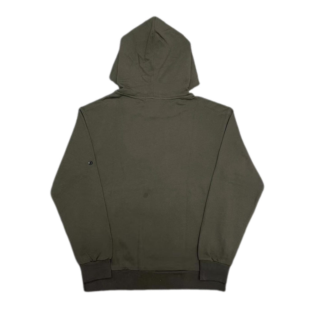 Stone Island olive pullover hoodie, back view with drawstring hood and ribbed cuffs