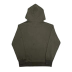 Stone Island olive pullover hoodie, back view with drawstring hood and ribbed cuffs