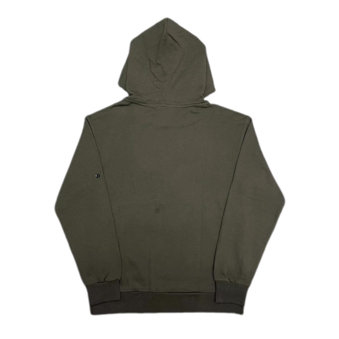 Stone Island olive pullover hoodie, back view with drawstring hood and ribbed cuffs