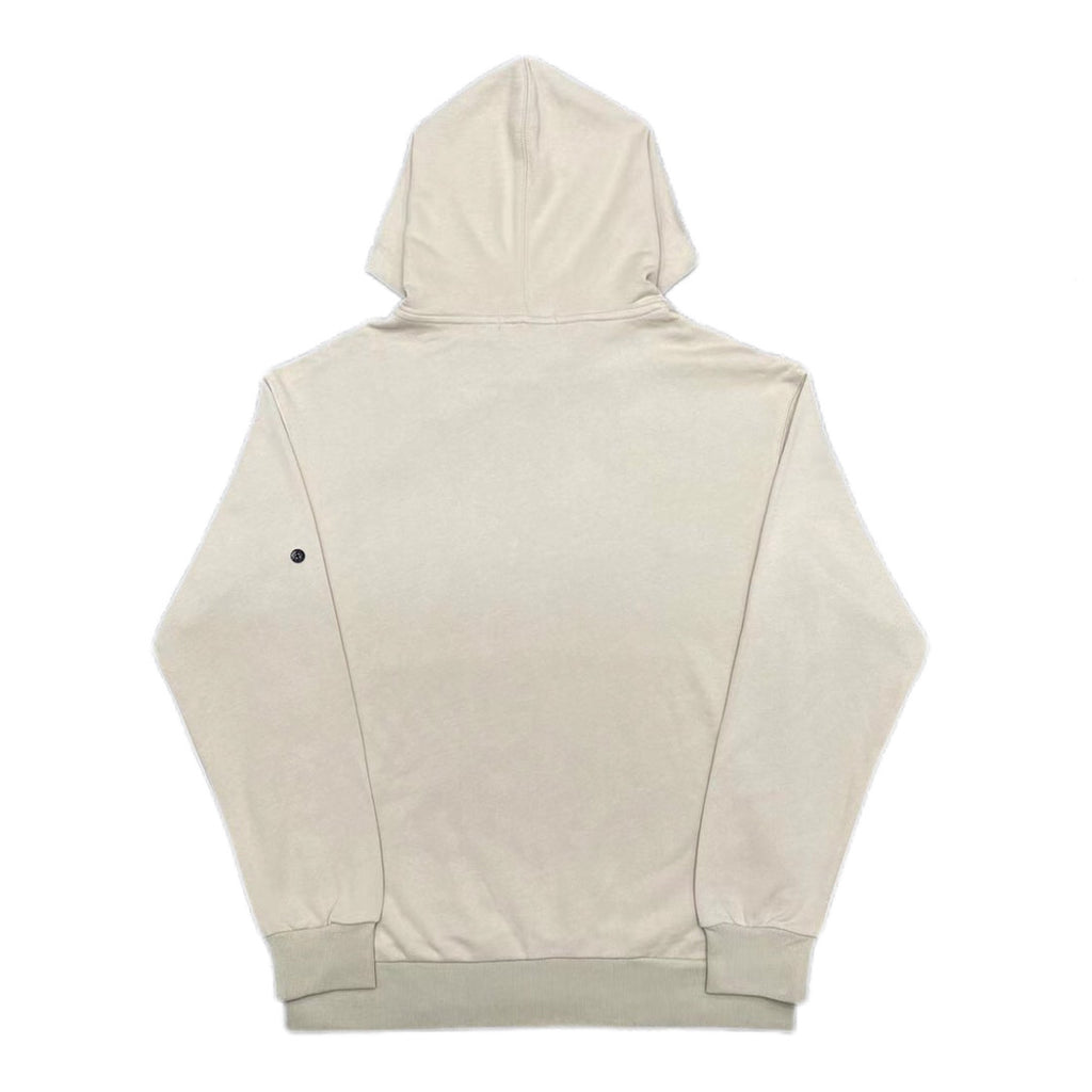 Cream hoodie, back view, with drawstring hood and ribbed cuffs and hem