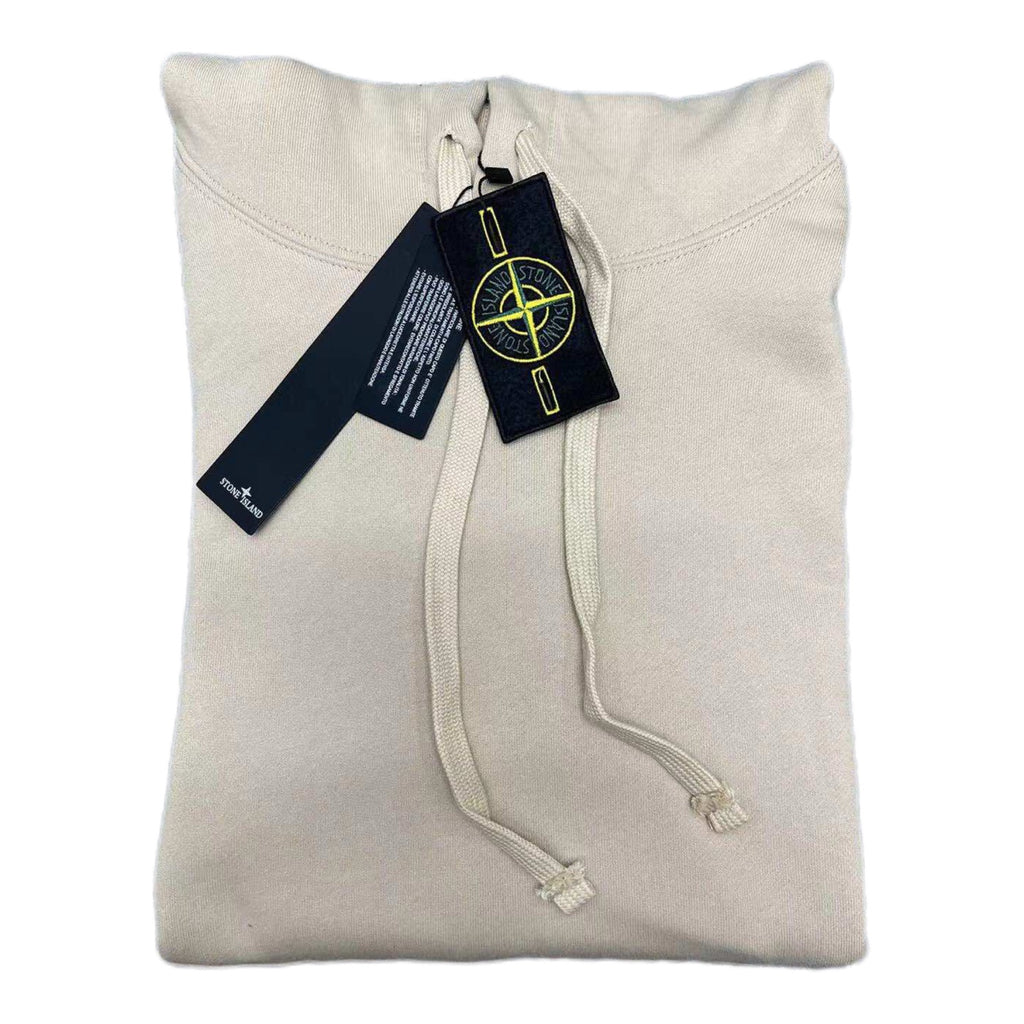 Cream pullover hoodie with drawstring hood and kangaroo pocket, with hang tag