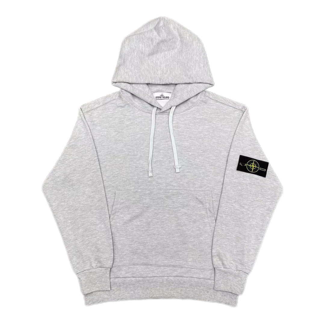 Stone Island gray pullover hoodie with drawstring hood and yellow logo patch