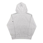 Stone Island gray pullover hoodie, rear view with drawstring hood