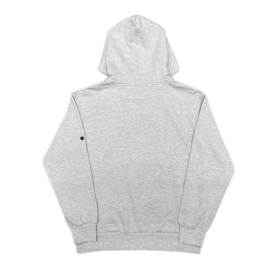 Stone Island gray pullover hoodie, rear view with drawstring hood