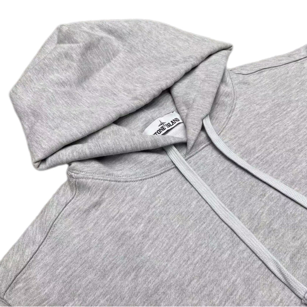Stone Island gray hoodie close-up of hood seam and light drawstrings