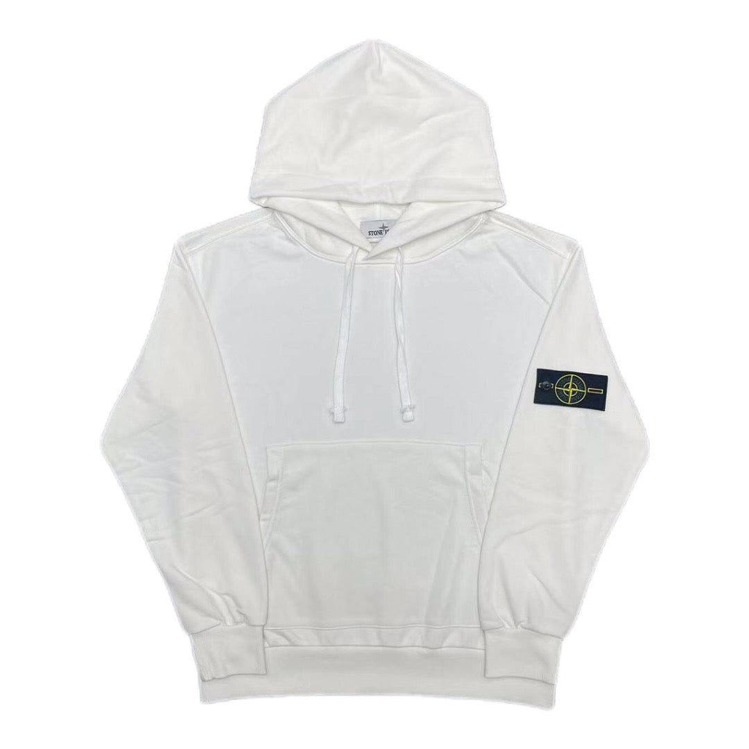 White Stone Island pullover hoodie with drawstring hood and front kangaroo pocket