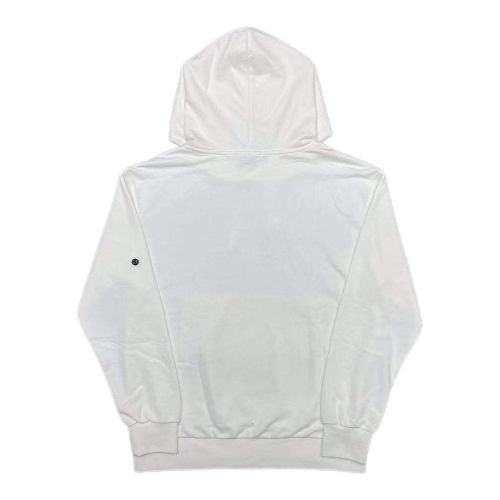 White Stone Island pullover hoodie, hooded back view with side logo badge