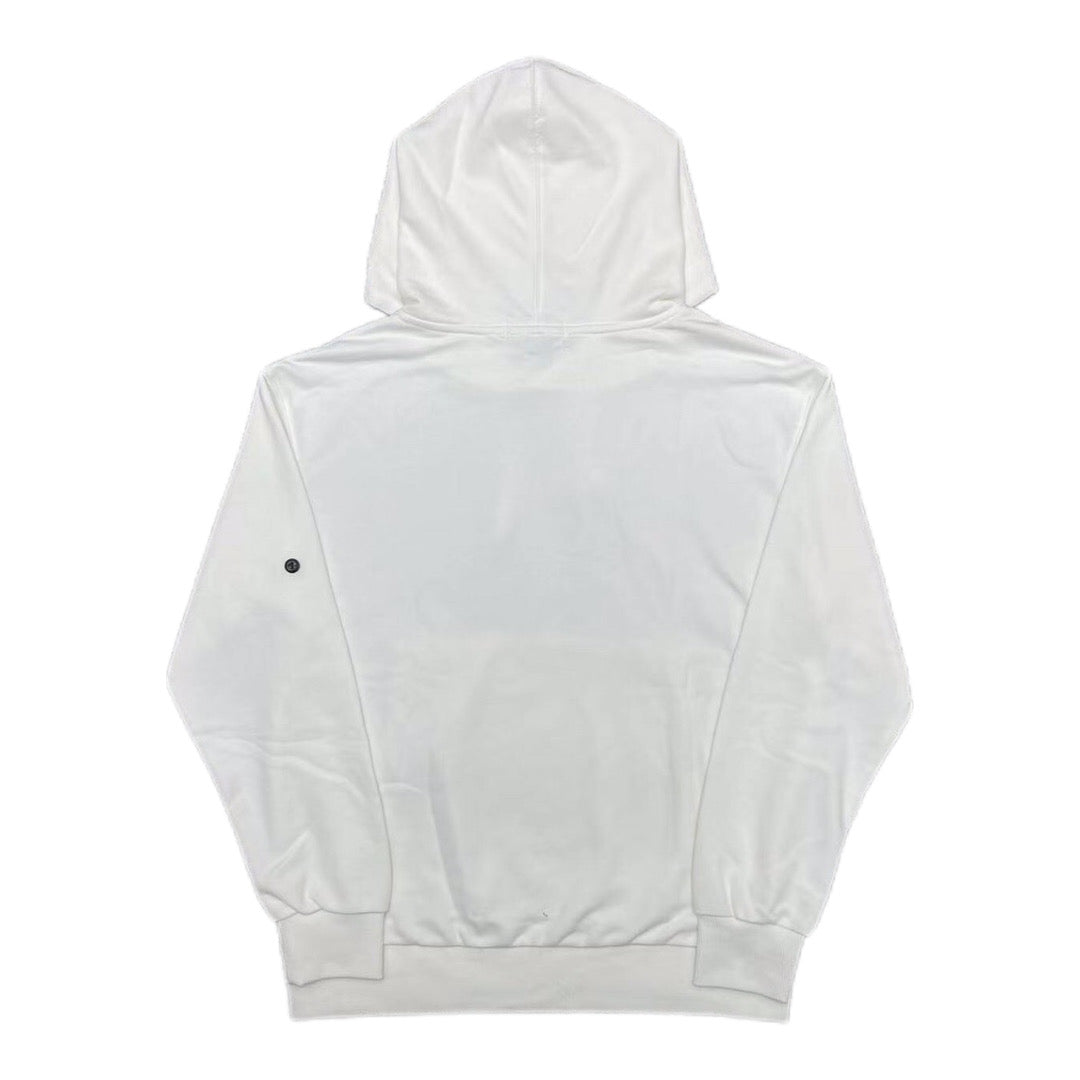 White Stone Island pullover hoodie, hooded back view with side logo badge