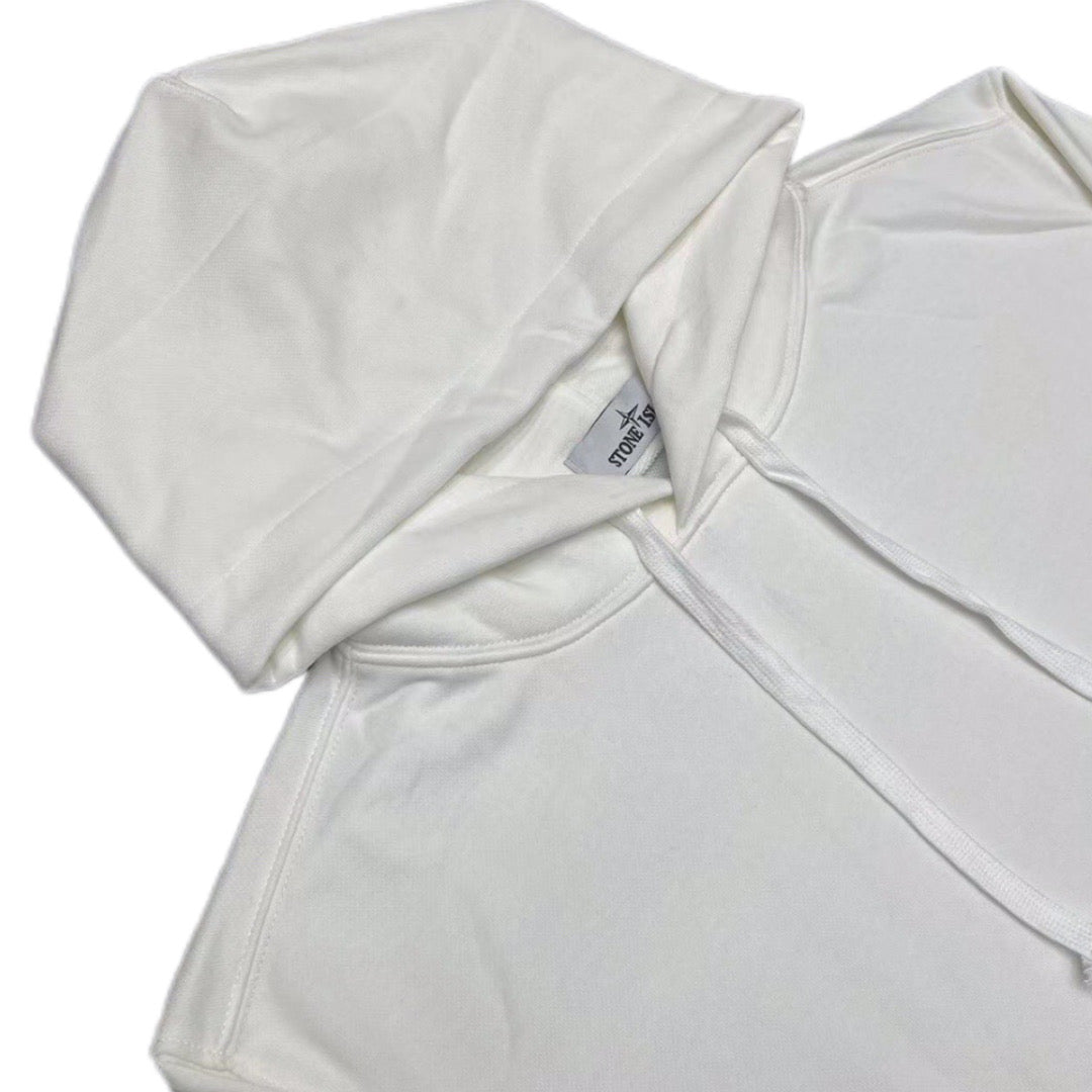 White Stone Island hoodie sleeve and chest seam with folded fabric, tags