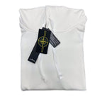 White Stone Island hoodie with drawstring hood and attached tag labels
