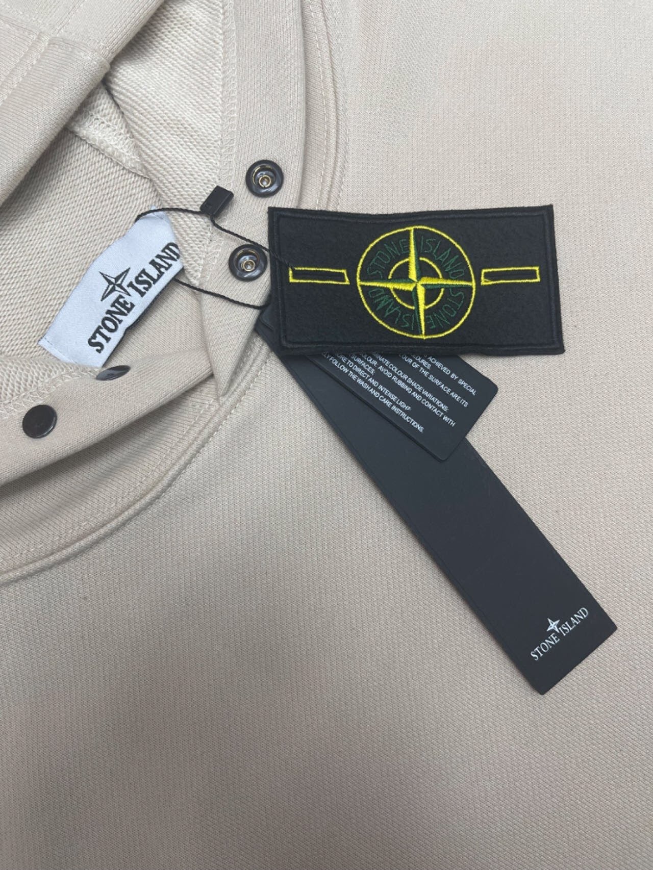 Stone Island hooded sweatshirt, light beige front with two snap buttons
