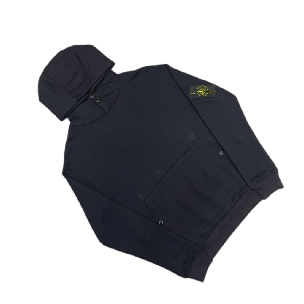 Dark navy hooded sweatshirt with kangaroo pocket and logo sleeve badge