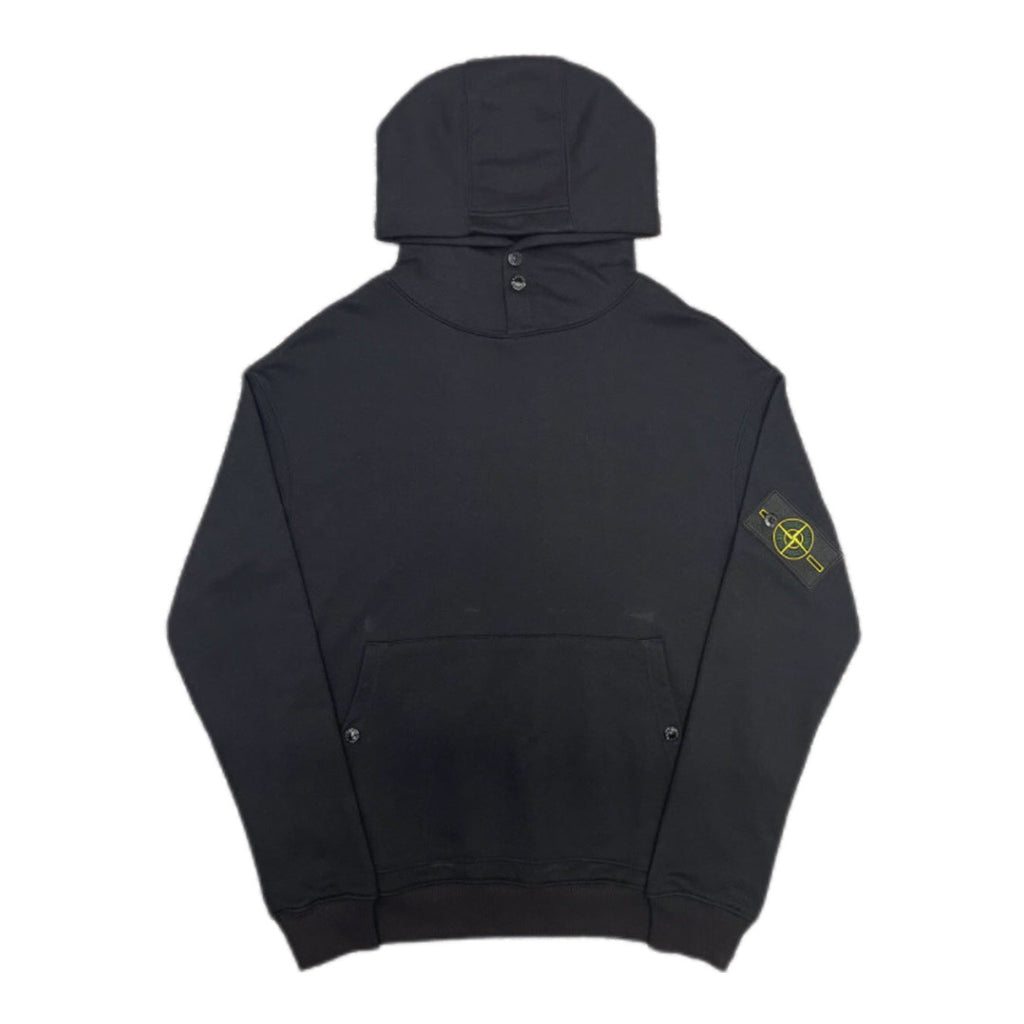 Dark navy hooded sweatshirt with drawstring hood, kangaroo pocket, and logo sleeve patch
