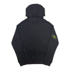 Dark navy hooded sweatshirt with drawstring hood, kangaroo pocket, and logo sleeve patch
