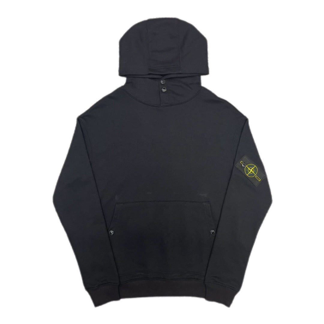 Dark navy hooded sweatshirt with drawstring hood, kangaroo pocket, and logo sleeve patch