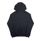 Dark navy hooded sweatshirt, back view with hood and kangaroo pocket seam detailing