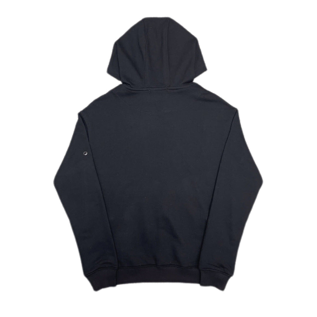 Dark navy hooded sweatshirt, back view with hood and kangaroo pocket seam detailing