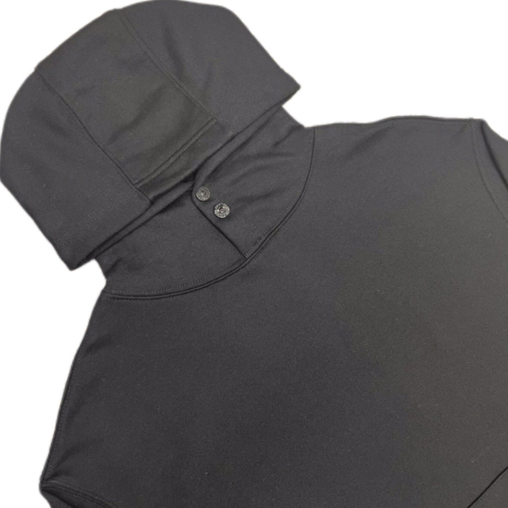 Gray hooded sweatshirt close-up with hood seam and snap-button placket