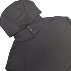 Gray hooded sweatshirt close-up with hood seam and snap-button placket
