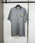 Grey crew-neck T-shirt with short sleeves and small cartoon logo chest print