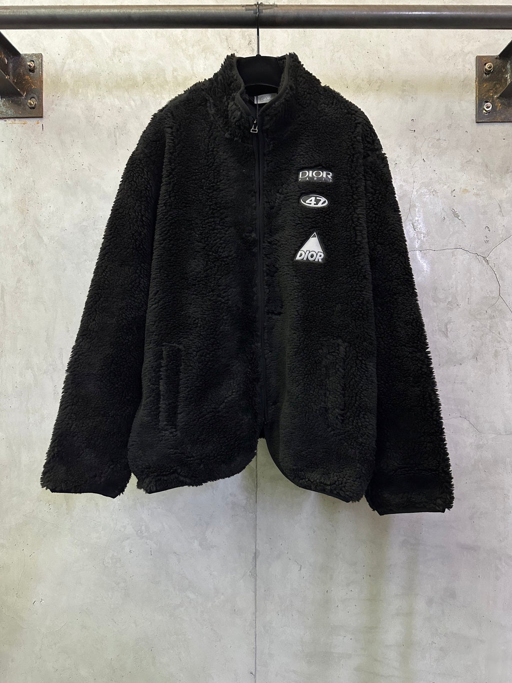 Dior long black fleece full-zip jacket with stand collar and logo patches