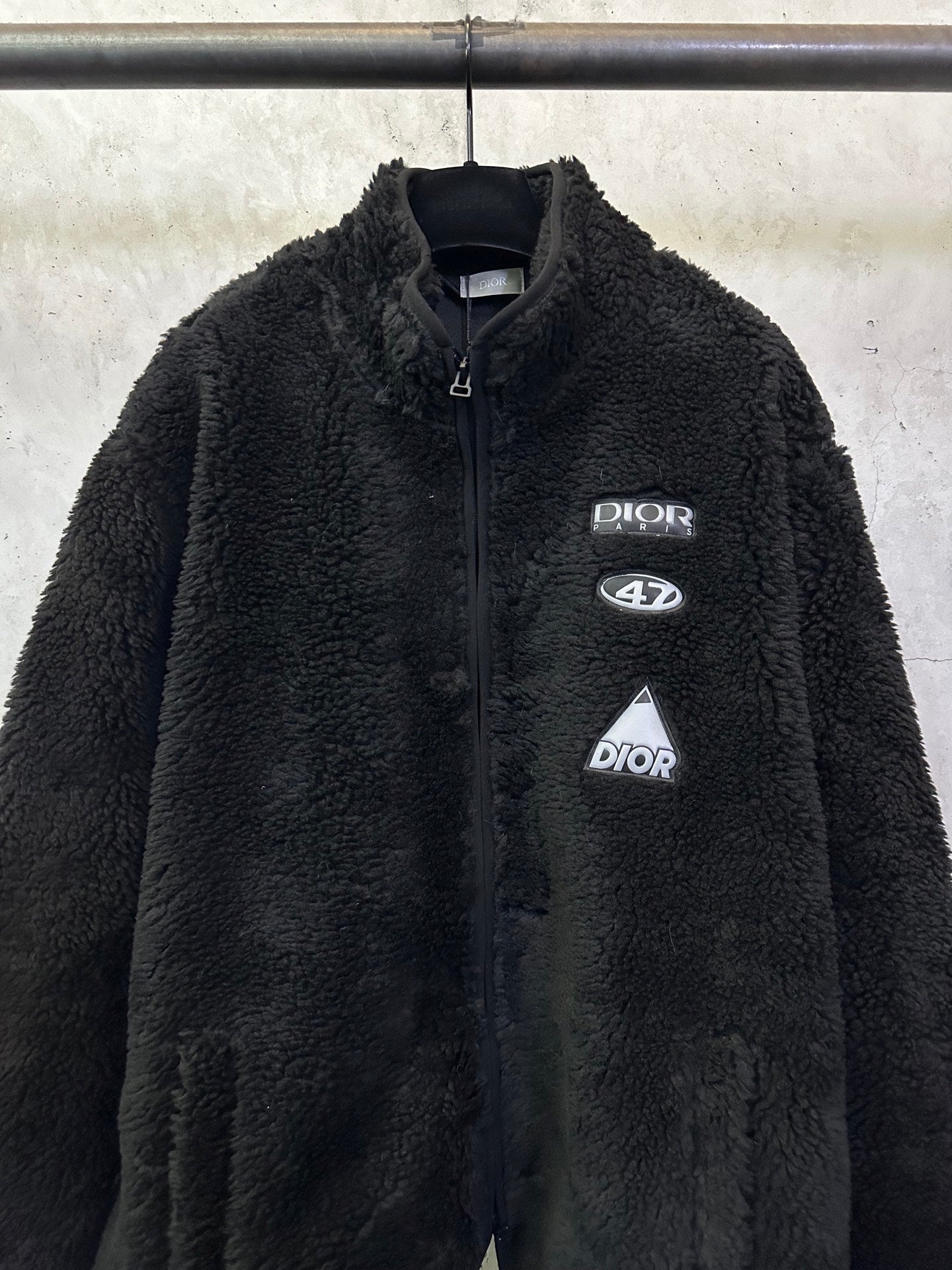 Dior long black fleece full-zip jacket with front logos and triangular patch