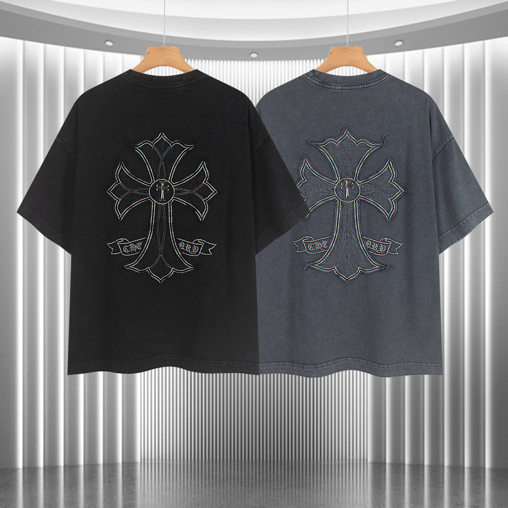 Two short-sleeve T-shirts with cross-flower back graphic, black and dark gray