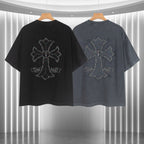 Two short-sleeve T-shirts with cross-flower back graphic, black and dark gray