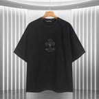 Black short-sleeve T-shirt with small front emblem graphic