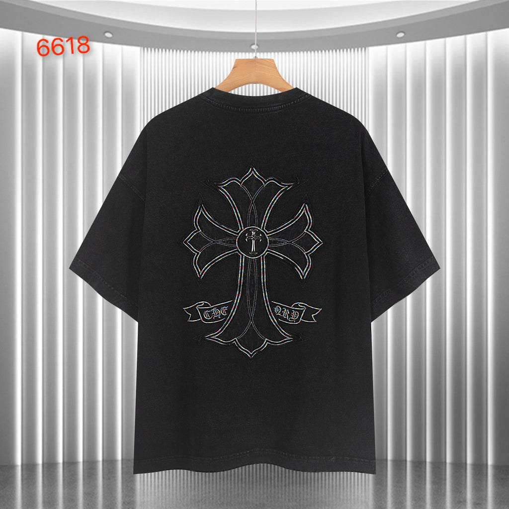 Black short-sleeve T-shirt with large back cross-flower graphic