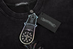 Black short-sleeve T-shirt neckline with brand label and swing tag