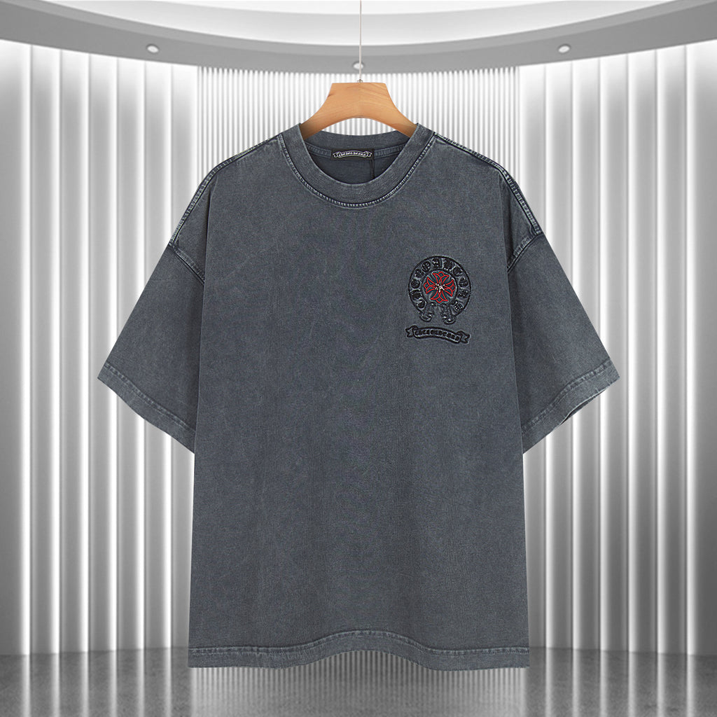 Dark gray short-sleeve T-shirt with small front chest logo graphic