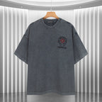 Dark gray short-sleeve T-shirt with small front chest logo graphic