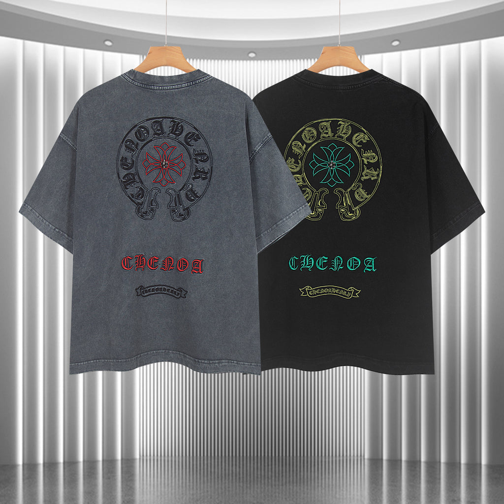 Two short-sleeve T-shirts: gray and black, each with circular skull-flower CHENOA print